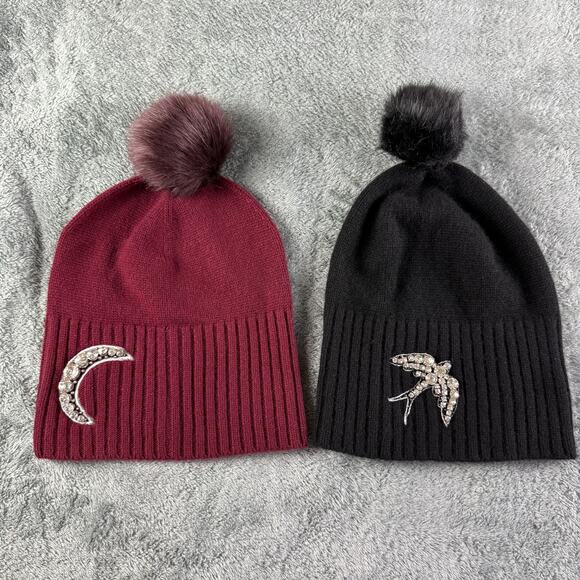 henri bendel Accessories - Henri Bendel Hat Beanie Womens One Size Burgundy Black Pom Pom Cashmere Gemstone